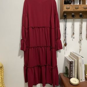 Long, maroon, long sleeved, peasant dress
